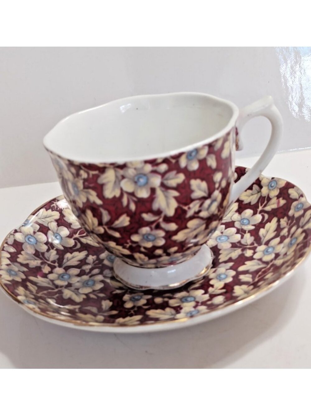 Royal Albert Cup & Saucer "Royal Brocade" burgundy chintz design 1920-40